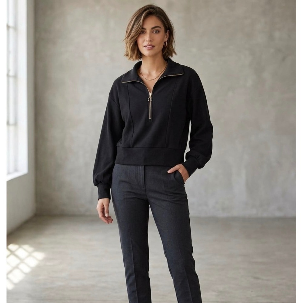 ANRABESS Womens Quarter Zip‎ Pullover Sweater Black Ribbed Knit Mock Neck Medium